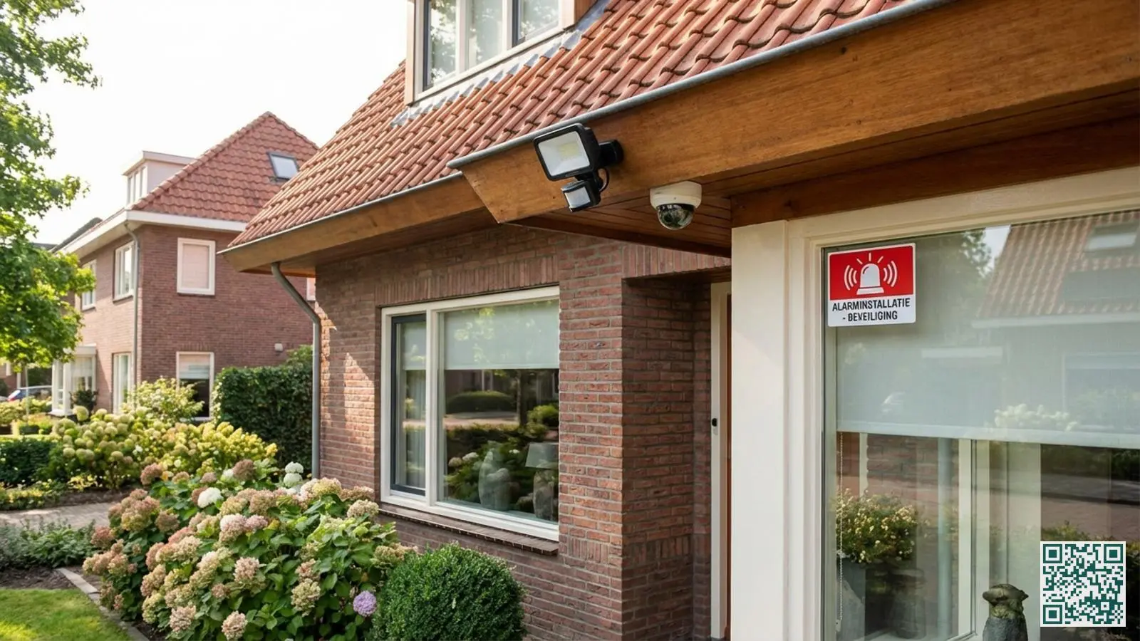 Buitengevel van een Nederlandse woning met gecombineerde beveiliging bestaande uit een bewegingslamp beveiligingscamera en alarmsticker