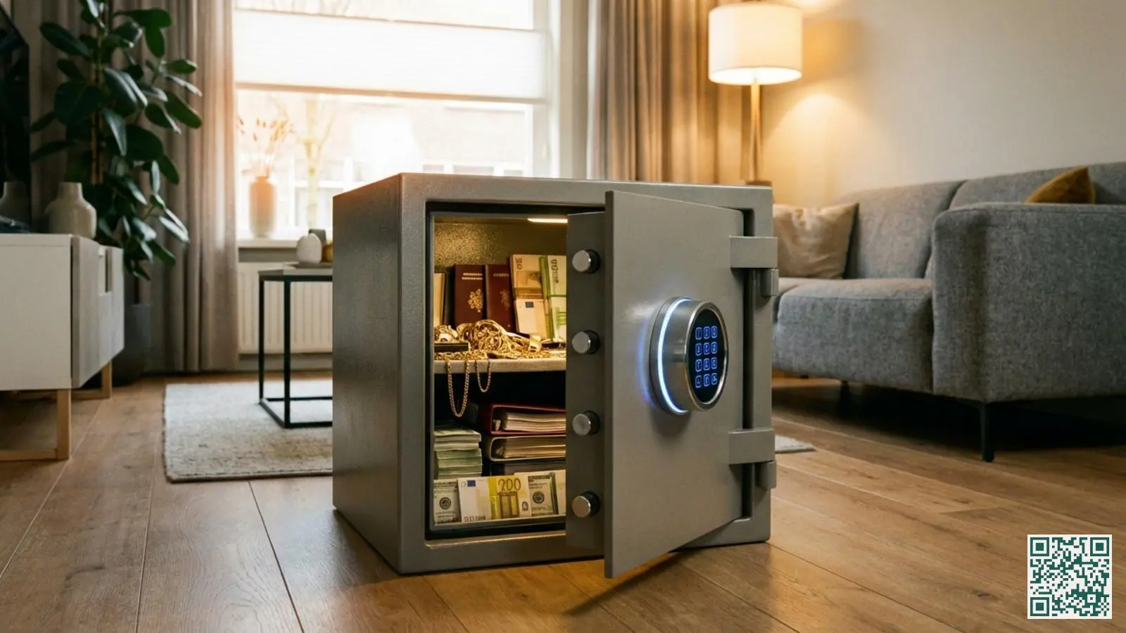 Geopende huiskluis met sieraden documenten en contant geld in een moderne woonkamer met digitaal slot