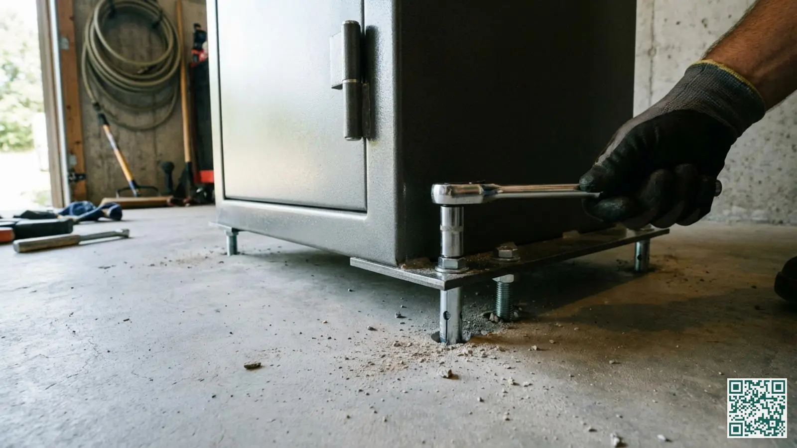 Kluis wordt met metalen bouten verankerd aan een betonnen vloer in een bijkeuken voor optimale beveiliging