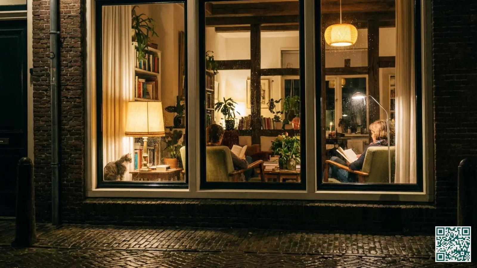 Woonkamer gezien door raam met meerdere lampen aan die de indruk wekken dat iemand thuis is
