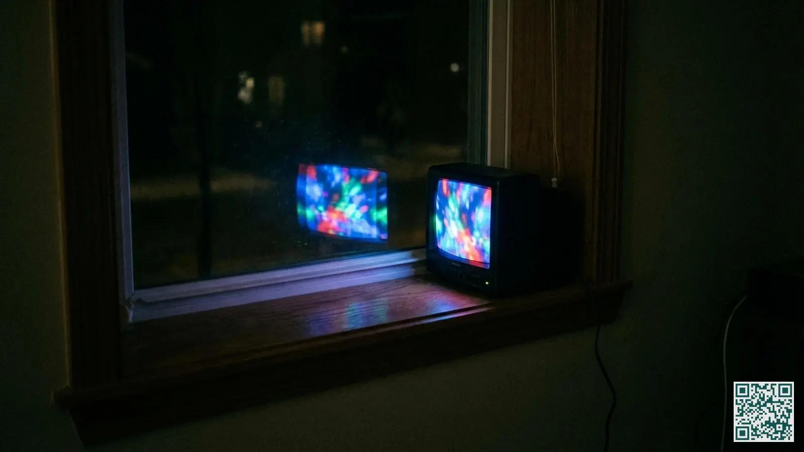 Compacte tv-simulator op vensterbank die met gekleurde LED-lichten een televisiescherm nabootst