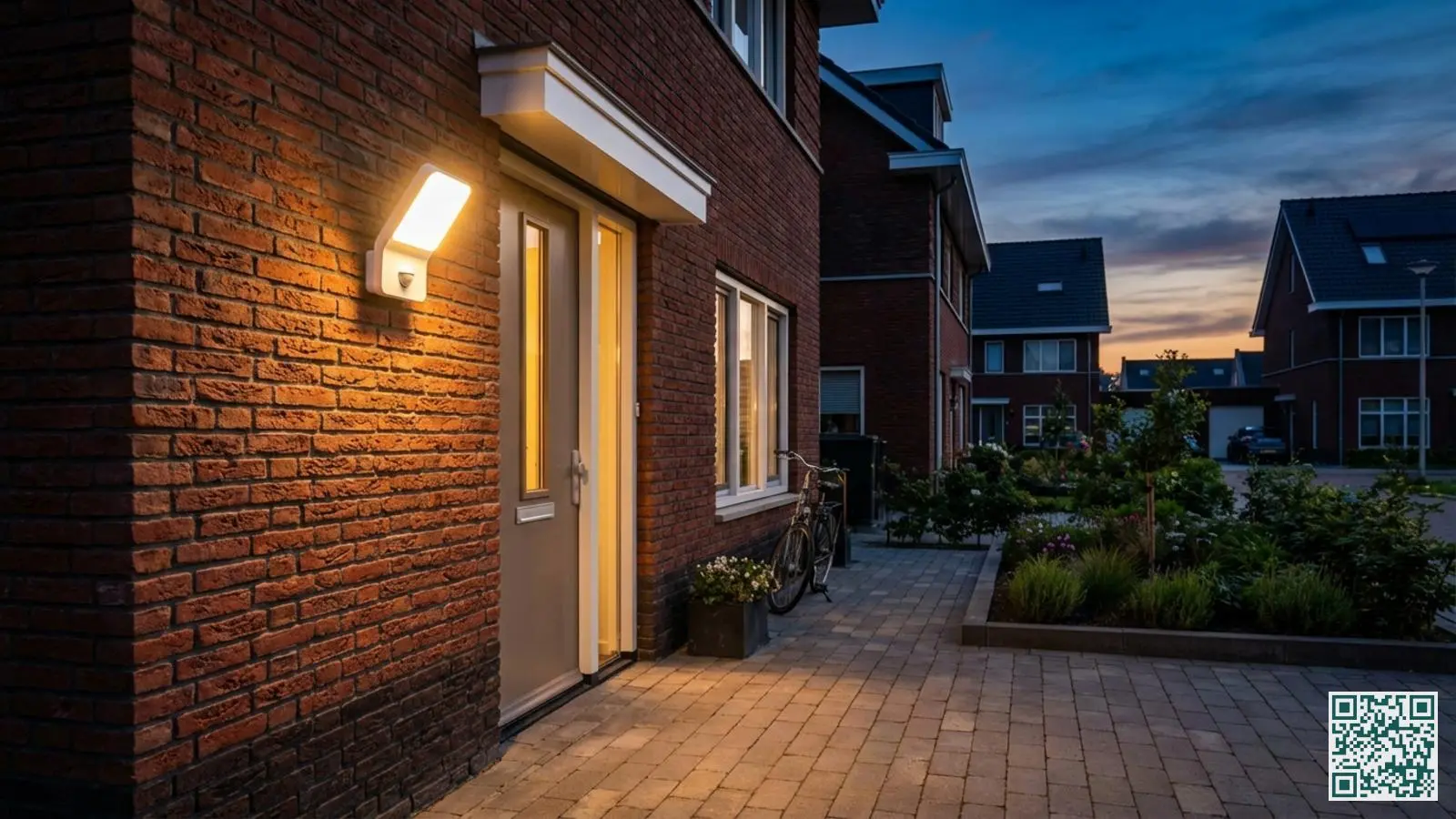 Moderne LED buitenlamp met bewegingssensor aan bakstenen gevel verlicht de entree bij schemering