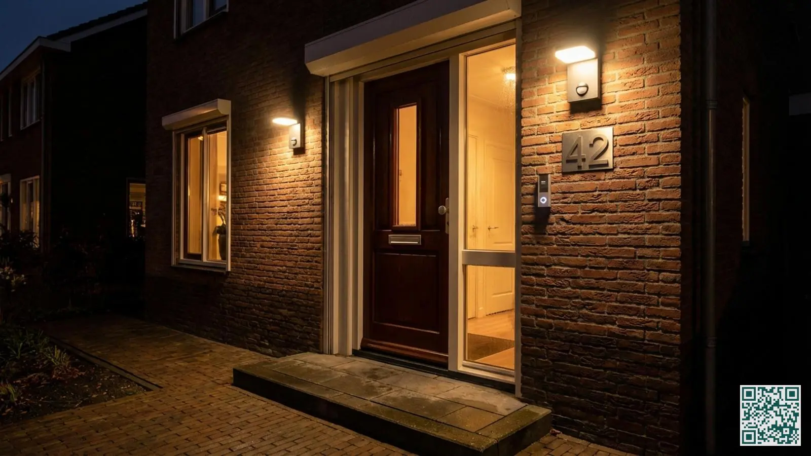 Twee LED buitenlampen verlichten de voordeur entree van een woning in de avond