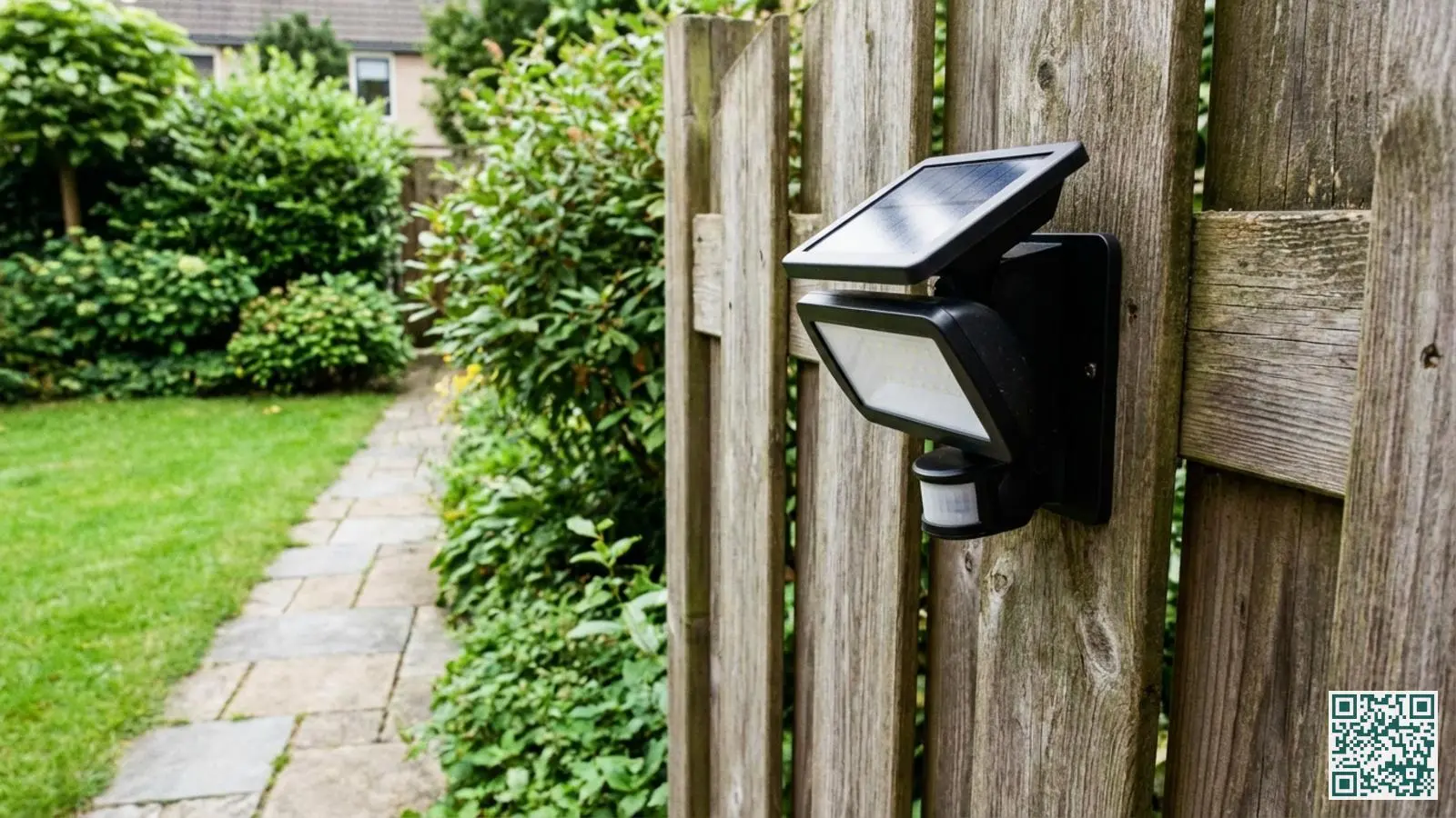 Zwarte solar buitenlamp met bewegingssensor bevestigd aan houten tuinschutting in groene achtertuin