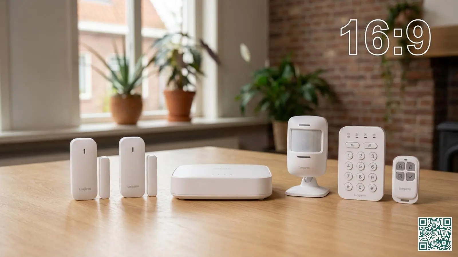 Draadloze alarmsysteem onderdelen uitgestald op houten tafel met basisstation bewegingsmelder en deursensoren