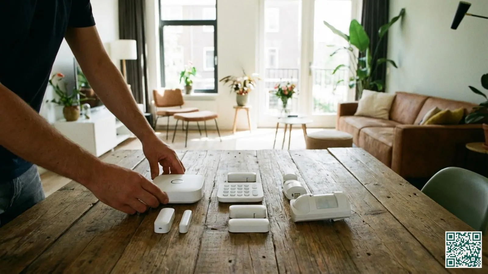 Moderne draadloze alarmsysteem componenten uitgestald op tafel met centrale unit sensoren en bedienpaneel klaar voor installatie