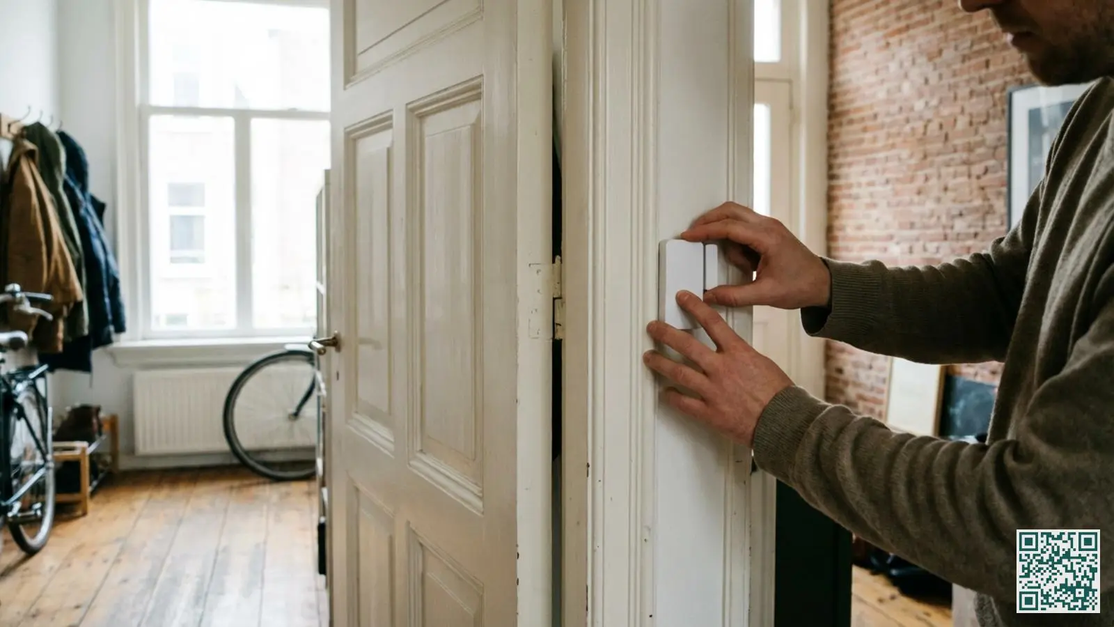 Persoon bevestigt een witte draadloze deursensor op een houten deurpost tijdens zelfinstallatie van alarmsysteem