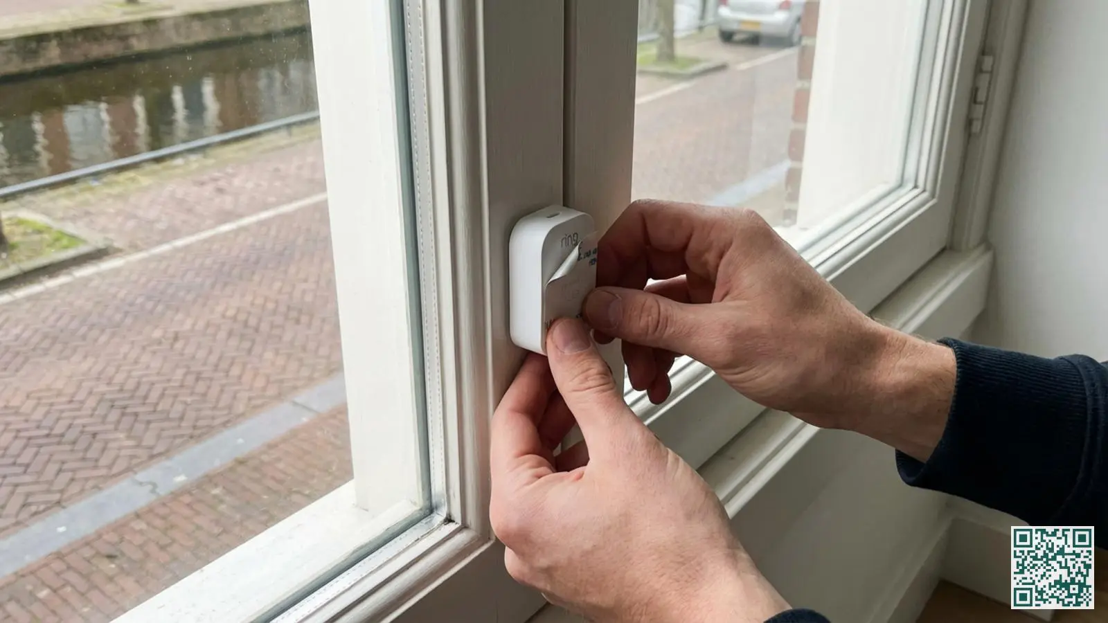 Handen plakken een witte draadloze alarmsensor op een raamkozijn zonder te boren