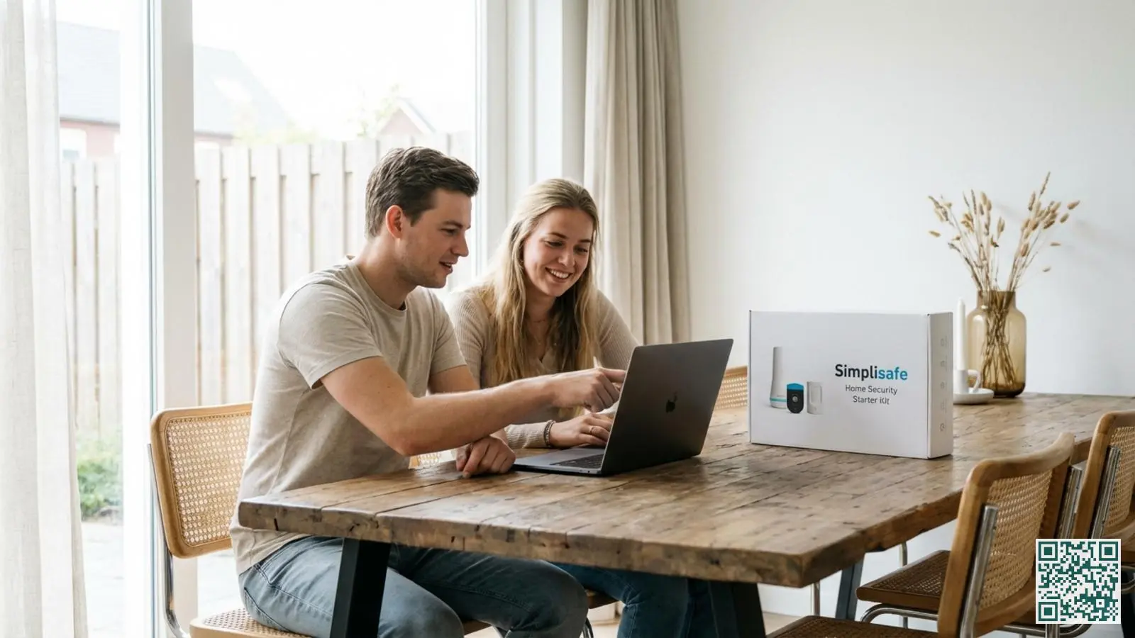 Jong stel bekijkt alarmsysteem opties op laptop aan houten eettafel met ongeopende alarmsysteem doos ernaast