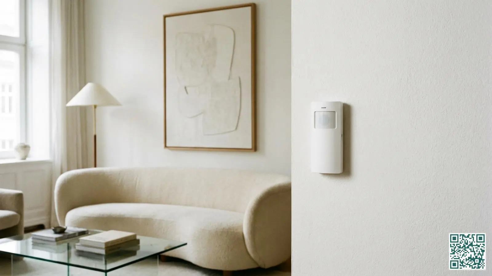 Witte Ajax bewegingsmelder met minimalistisch design gemonteerd op een muur in een stijlvolle woonkamer