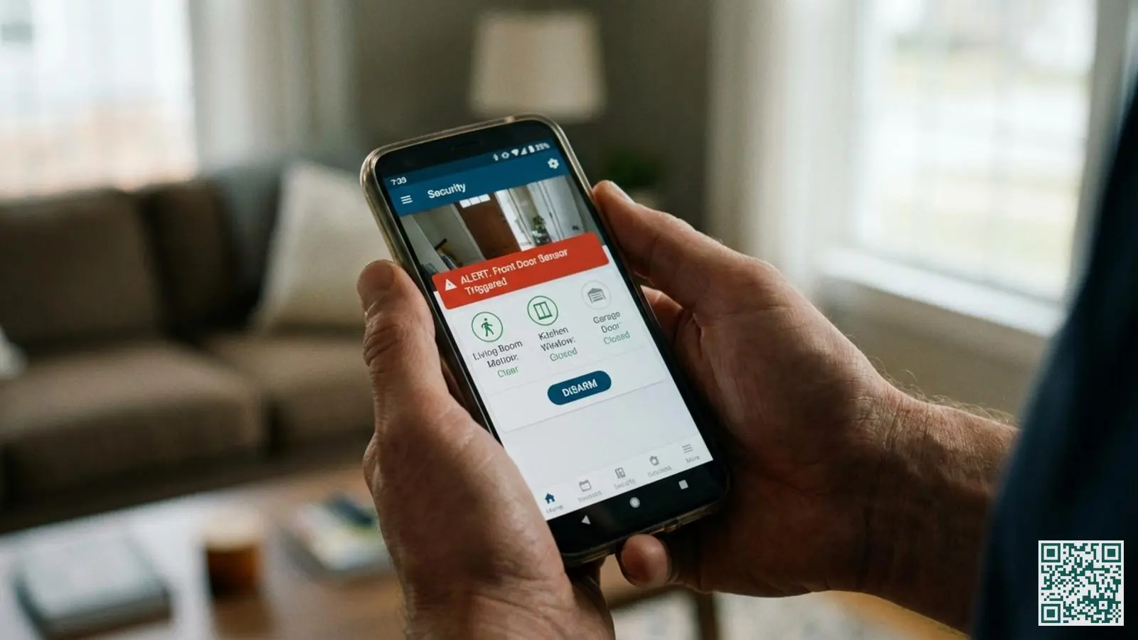 Handen houden een smartphone vast met een alarmsysteem app die meldingen en sensorstatus toont in een woonkamer