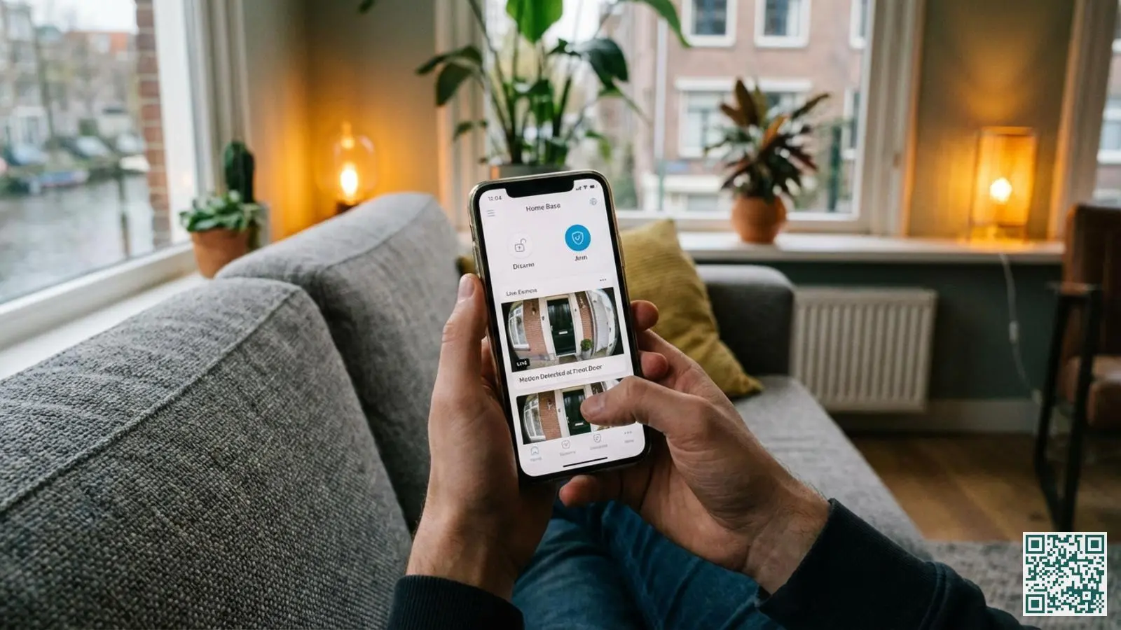 Handen houden een smartphone vast met de Ring app die het alarmsysteem bedieningspaneel toont in een huiskamer
