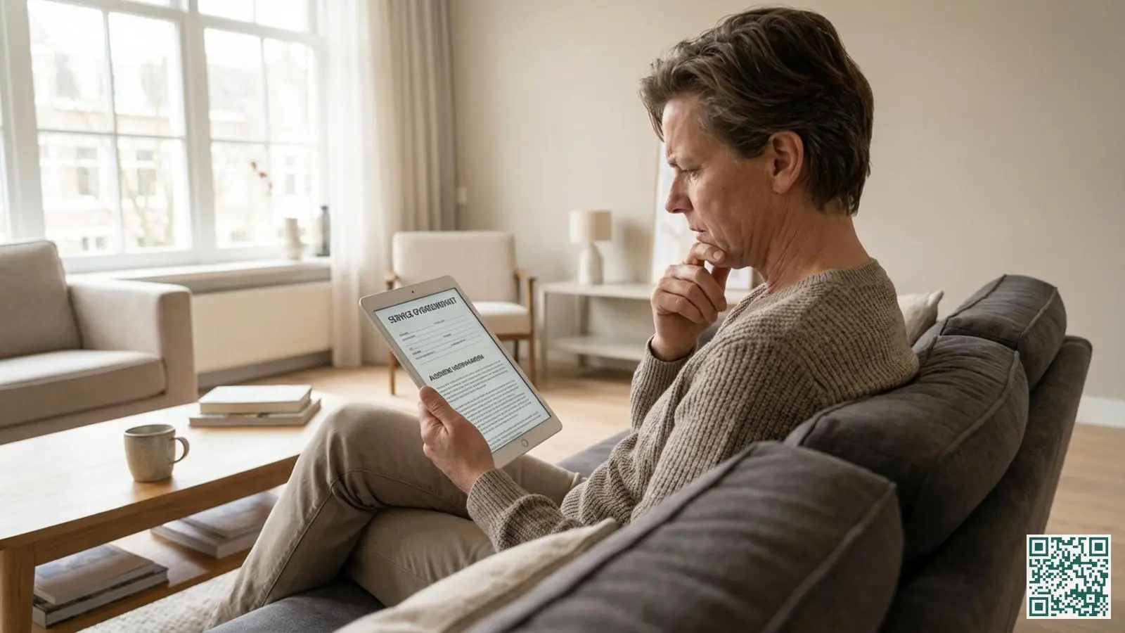 Persoon zit op bank en bekijkt servicecontract op tablet in moderne woonkamer met natuurlijk licht