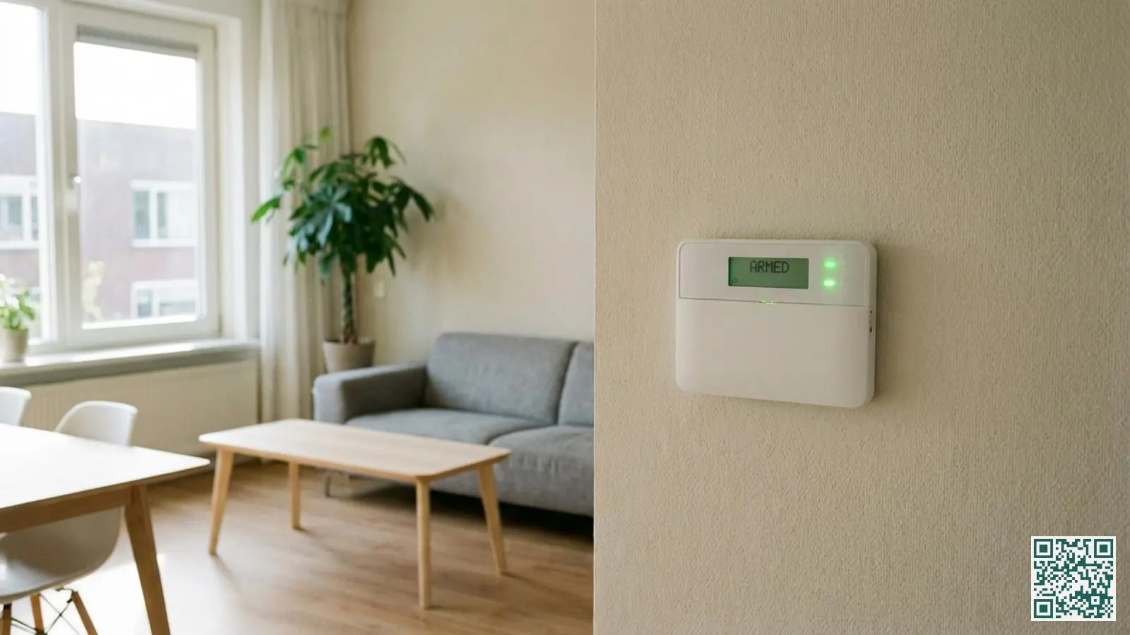 Wit draadloos alarmsysteem bedienpaneel met digitaal scherm gemonteerd op een muur in een moderne Nederlandse woonkamer