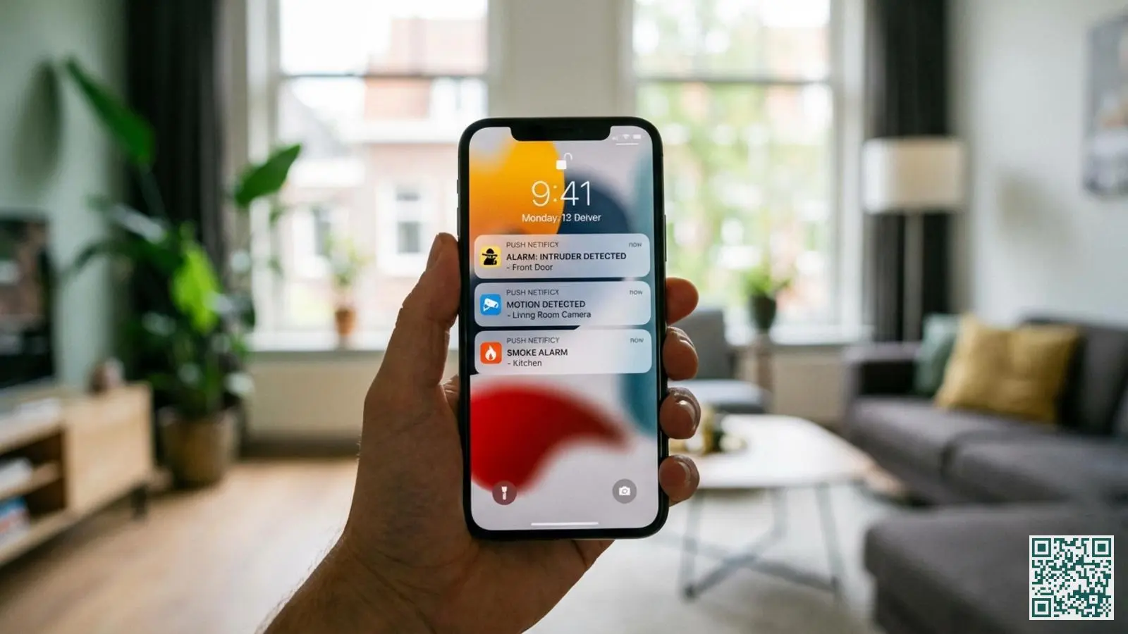 Smartphone in hand toont beveiligingsapp met meerdere alarmmeldingen en notificaties op het scherm in woonkameromgeving