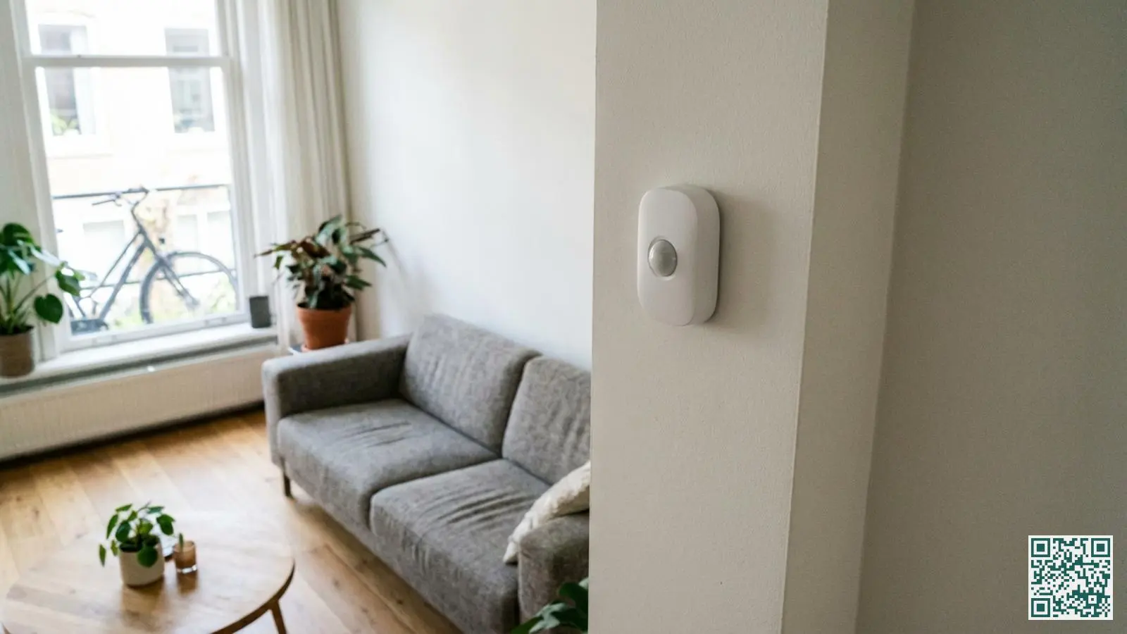 Witte bewegingsmelder gemonteerd in de hoek van een moderne woonkamer met grijze bank op de achtergrond