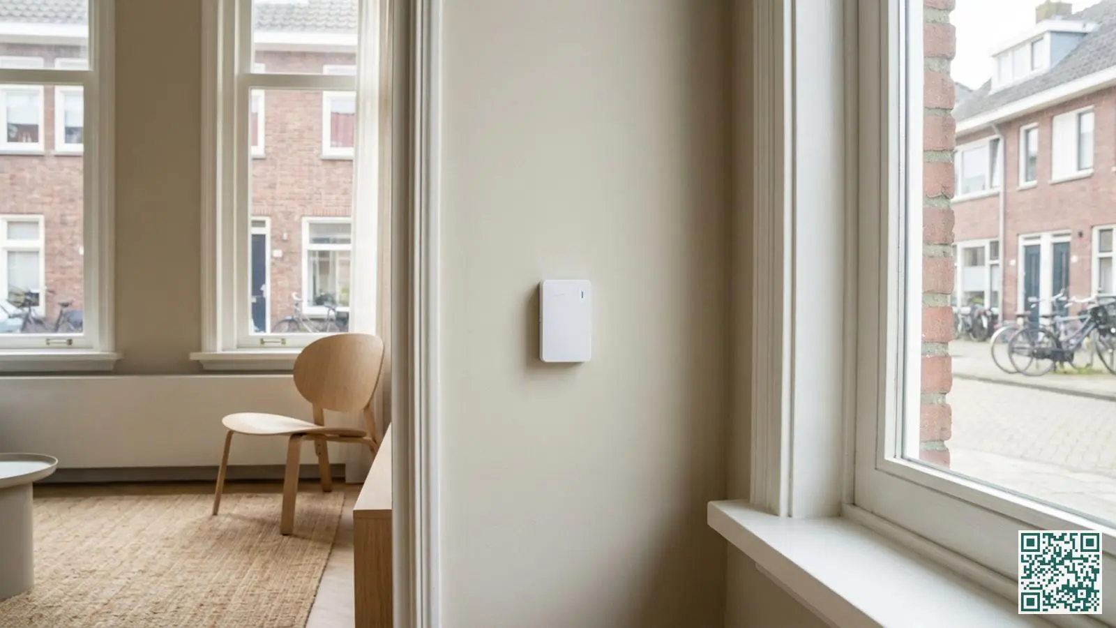Witte glasbreukmelder gemonteerd op een lichte muur naast een groot raam in een moderne woonkamer