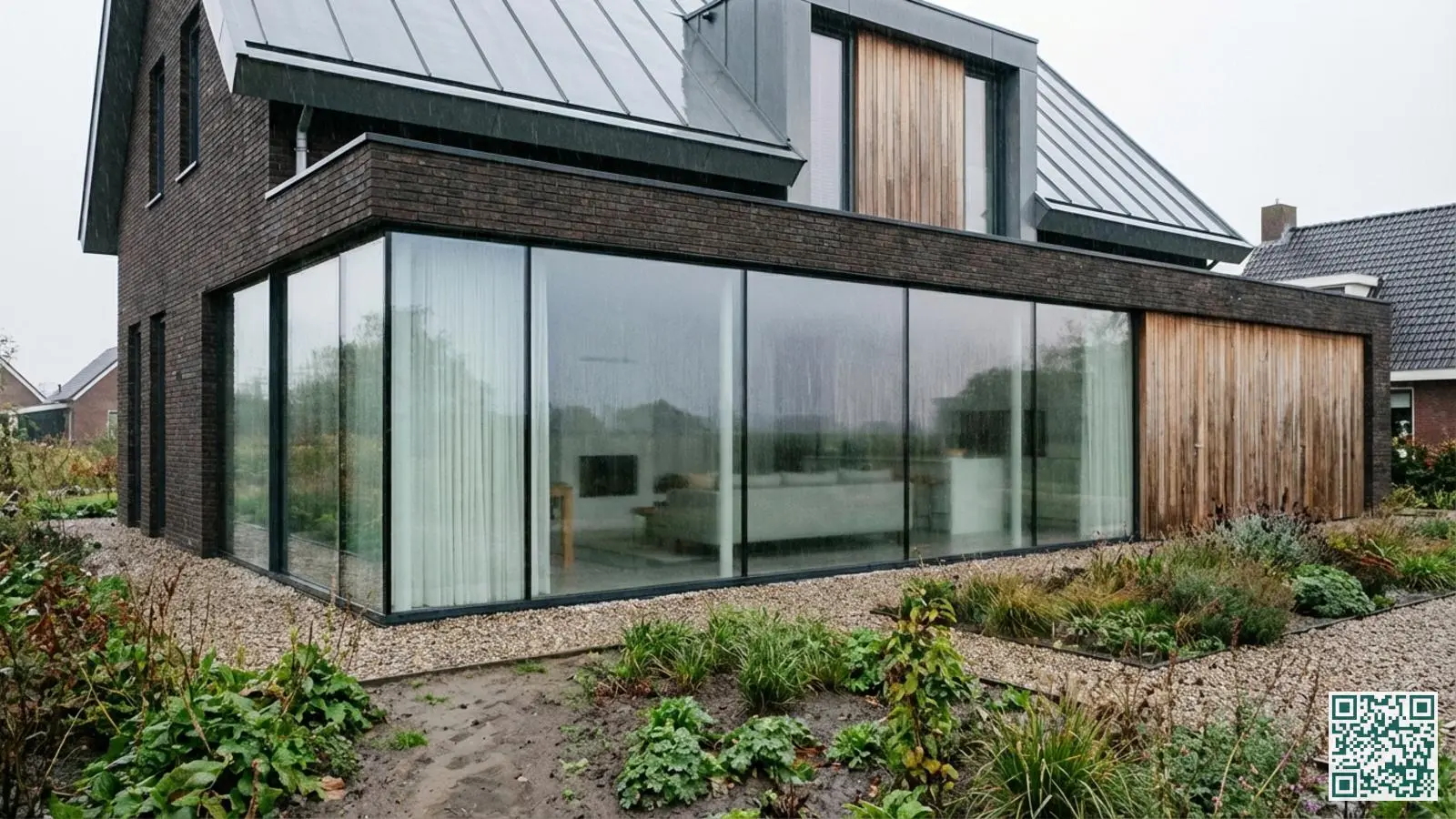 Vrijstaande woning met grote raampartijen op de begane grond die kwetsbaar zijn voor inbraak via glasbreuk