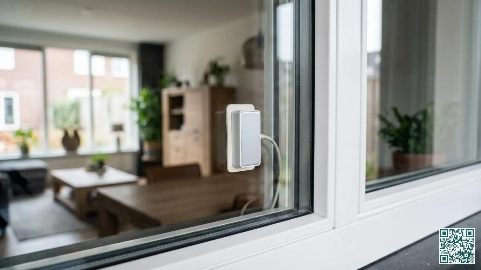 Close-up van een kleine trillingssensor direct gemonteerd op een dubbelglas raam aan de binnenzijde