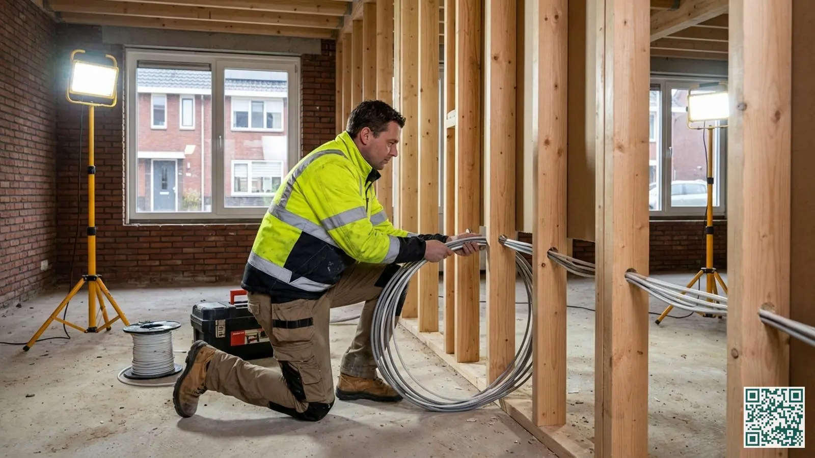 Installateur legt bekabeling voor alarmsysteem aan in open muren van een nieuwbouwwoning