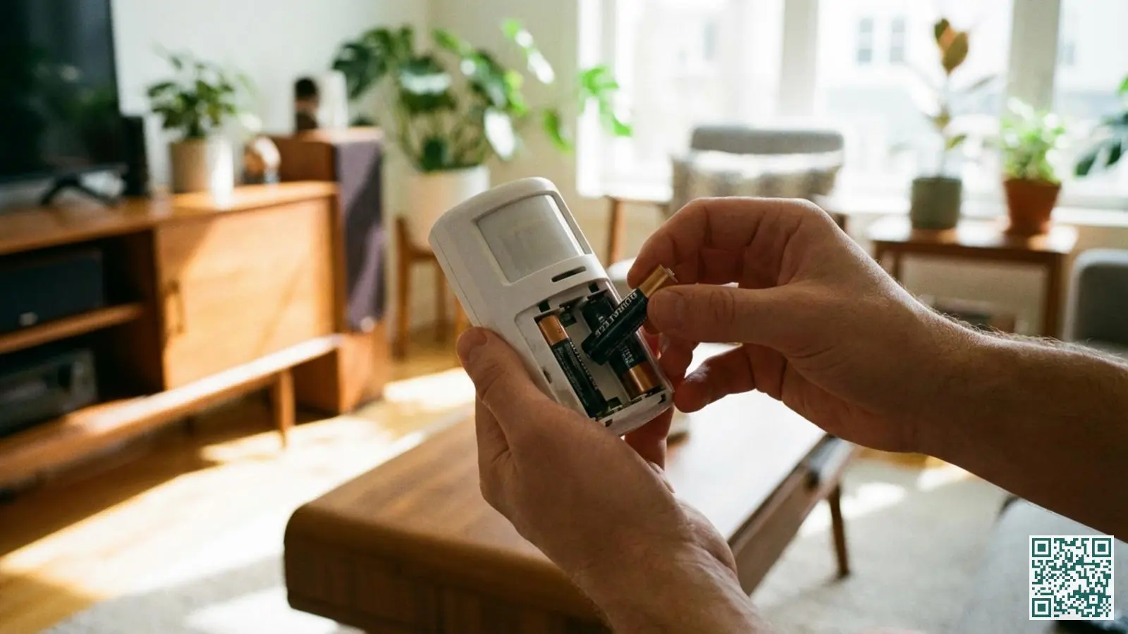 Handen vervangen batterijen in een witte draadloze bewegingsmelder van een alarmsysteem