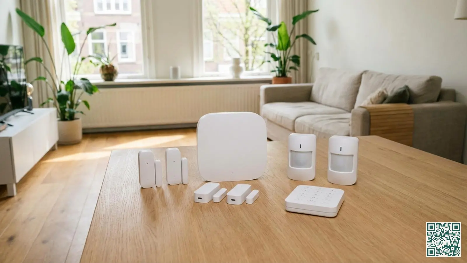 Draadloos alarmsysteem startpakket met witte hub, deursensoren, bewegingsmelder en keypad uitgestald op houten tafel