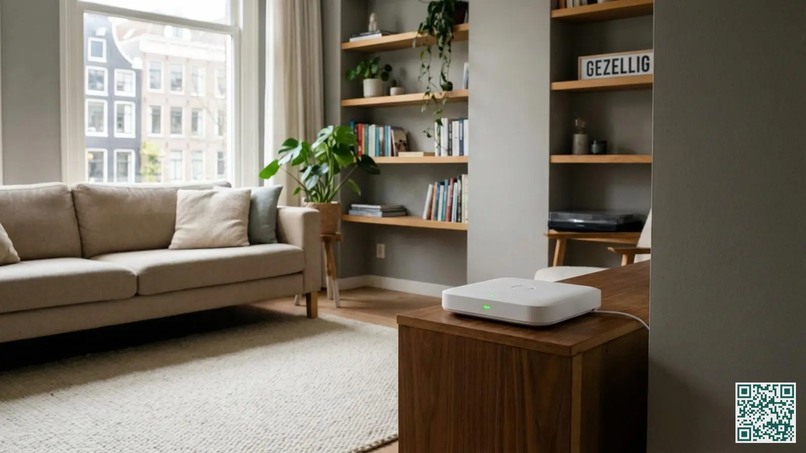 Witte centrale hub van een draadloos alarmsysteem geplaatst op een kastje in een moderne woonkamer met zachte verlichting