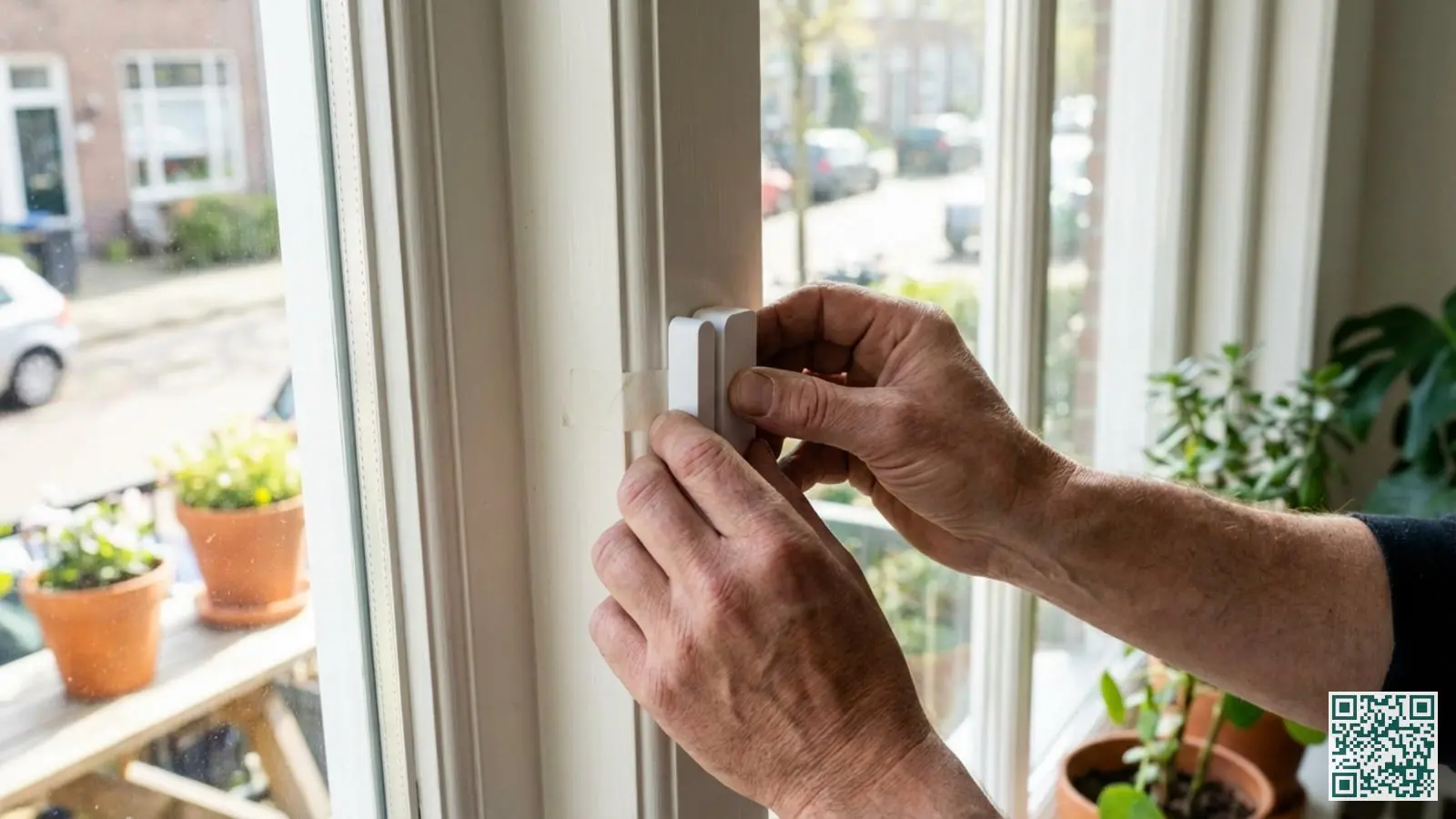 Handen bevestigen een kleine witte draadloze sensor op een wit raamkozijn met dubbelzijdige tape in een lichte woning