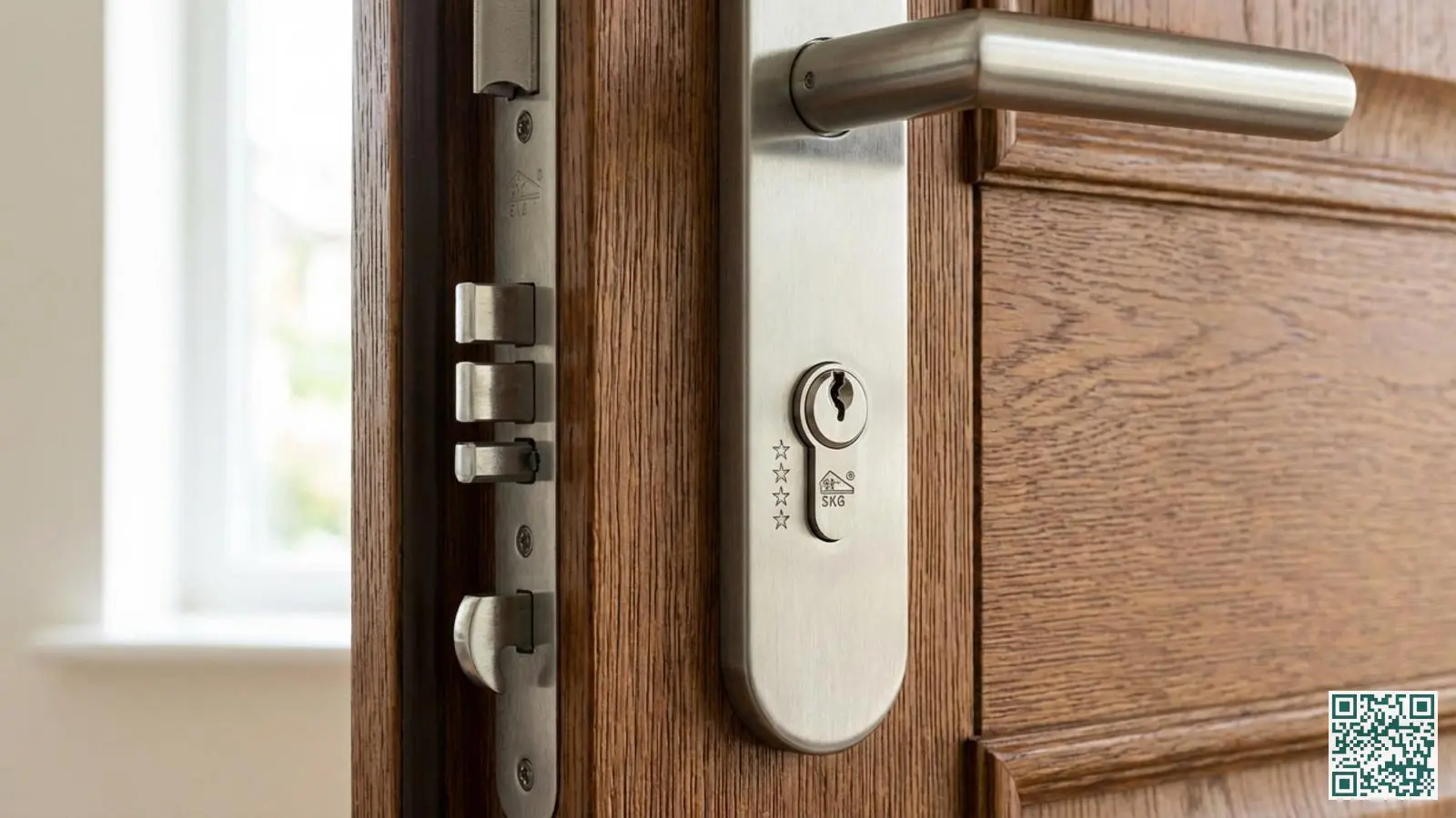 Close-up van een SKG-gecertificeerd cilinderslot met roestvrij stalen veiligheidsbeslag op een houten voordeur