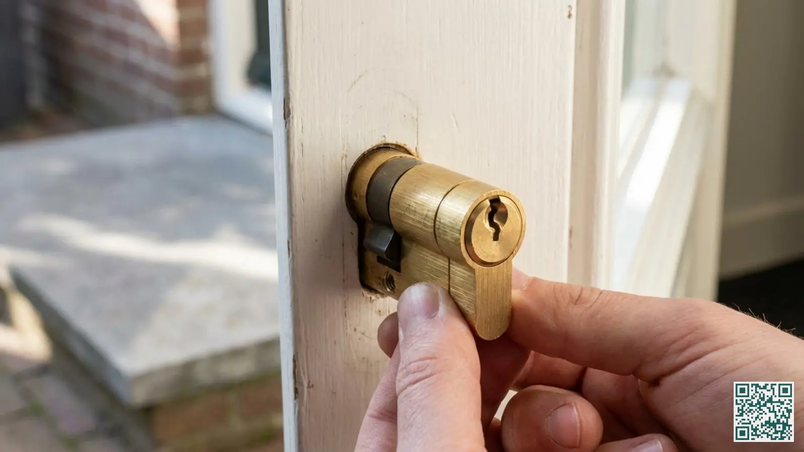 Close-up van een modern messing cilinderslot in een witte houten voordeur van een Nederlandse woning