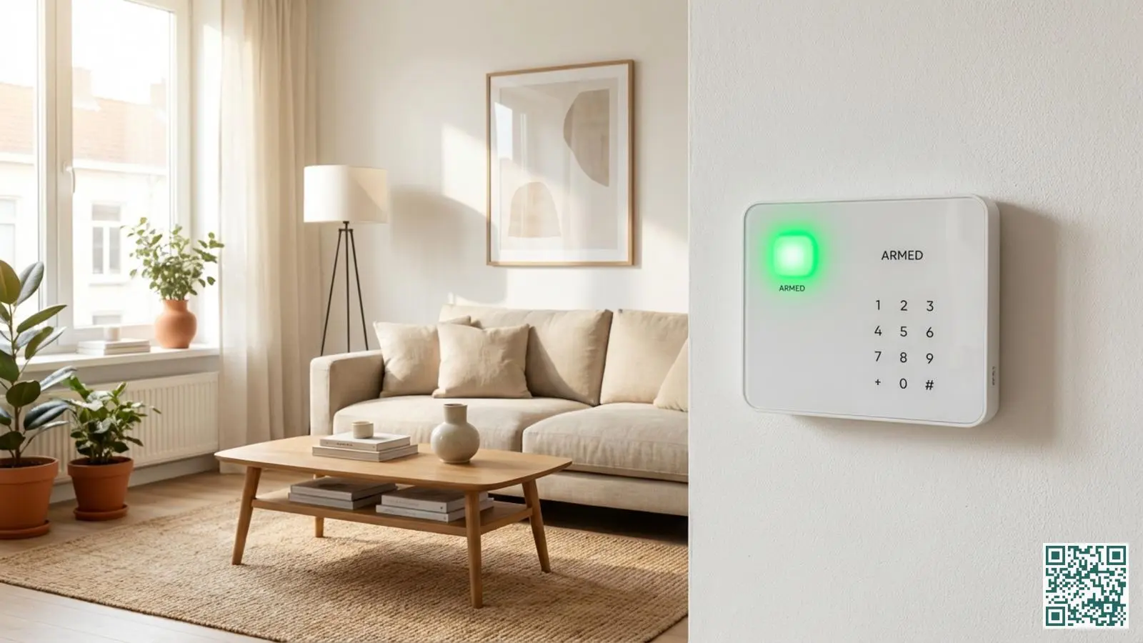 Modern draadloos alarmsysteem bedieningspaneel aan de muur in een lichte Nederlandse woonkamer met groene statuslamp