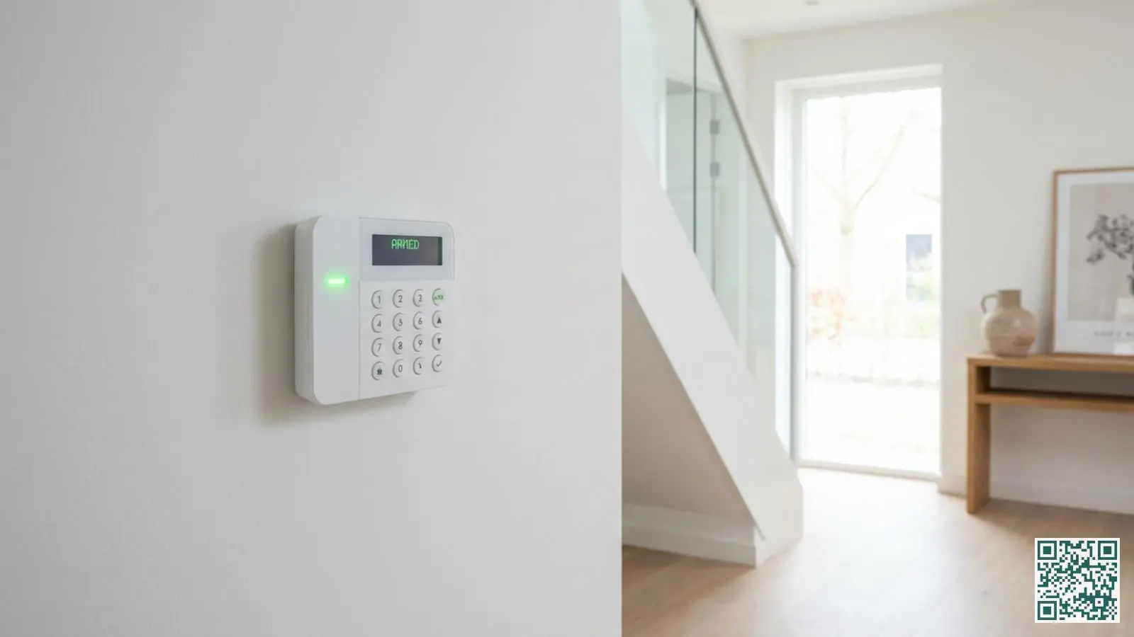 Modern wit alarmsysteem bedieningspaneel aan de muur in een lichte Nederlandse hal met groene statusverlichting