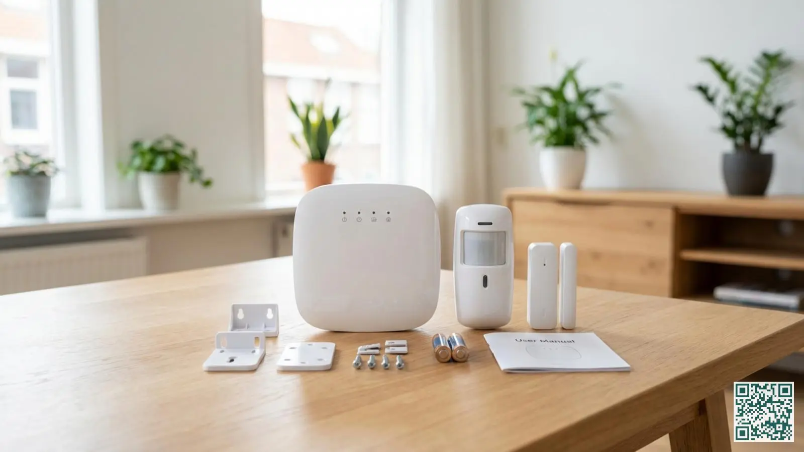 Draadloos alarmsysteem startpakket met witte hub bewegingsmelder en deurcontact uitgestald op houten tafel