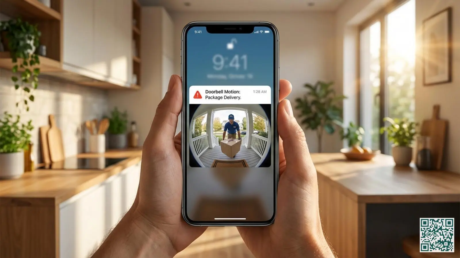 Handen houden smartphone vast met beveiligingsapp die een melding en live camerabeeld van de voordeur toont