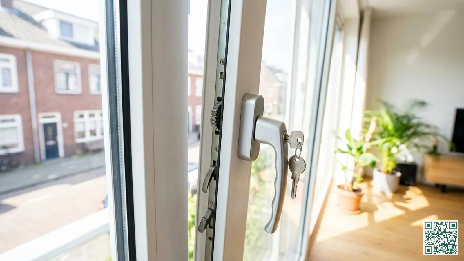Wit kunststof draaikiep raam met zichtbaar raamslot en sleutel in een lichte Nederlandse woonkamer