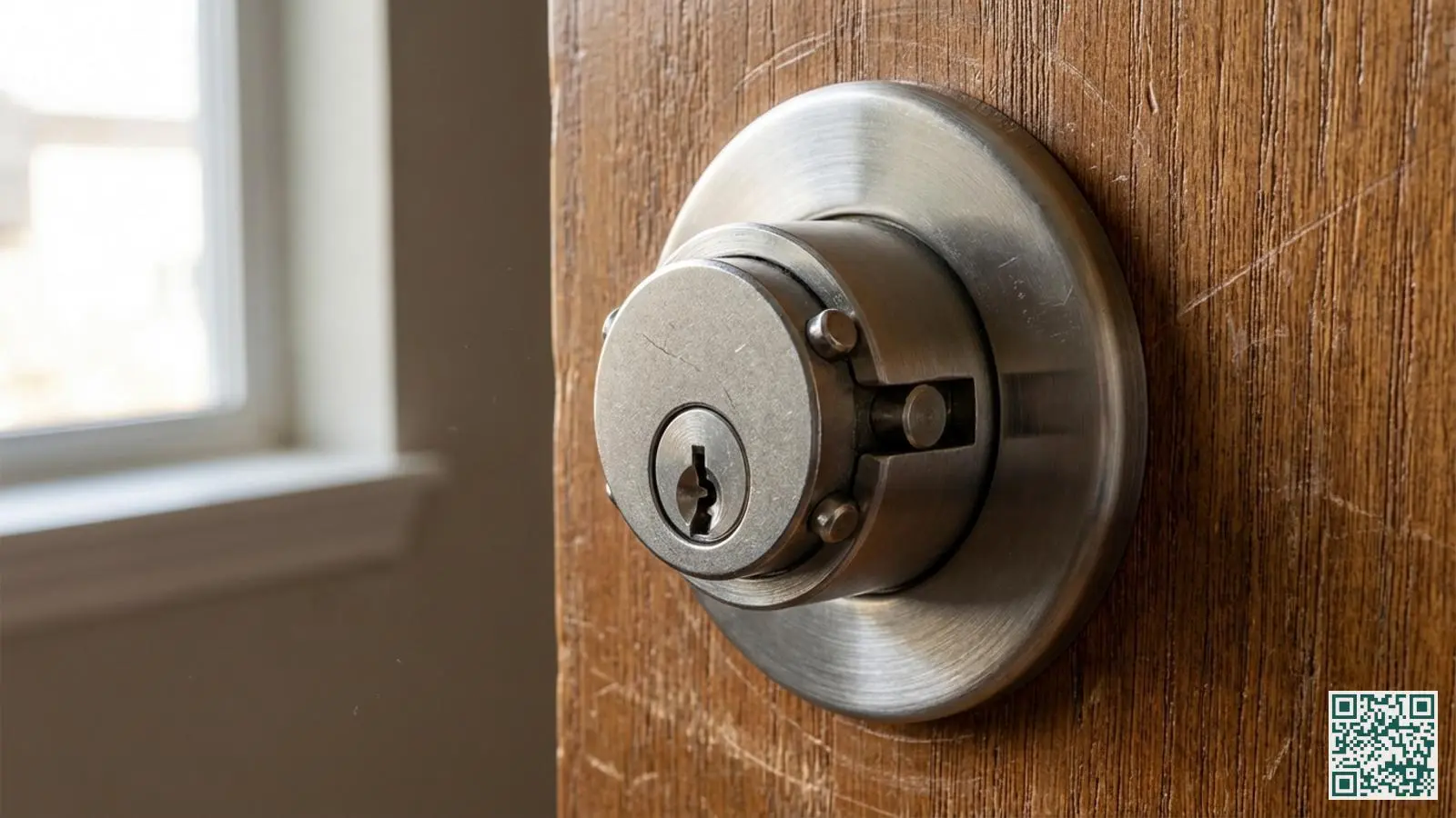 Close-up van roestvrijstalen veiligheidsbeslag met kerntrekbeveiliging gemonteerd op een houten binnendeur