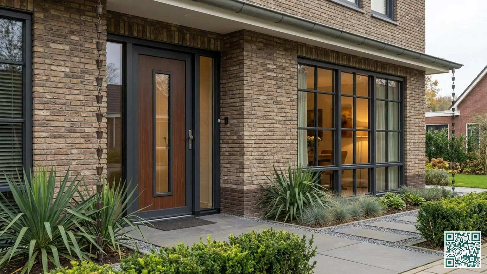 Nederlandse nieuwbouwwoning met moderne beveiligde voordeur en grote ramen met inbraakwerend glas in bakstenen gevel