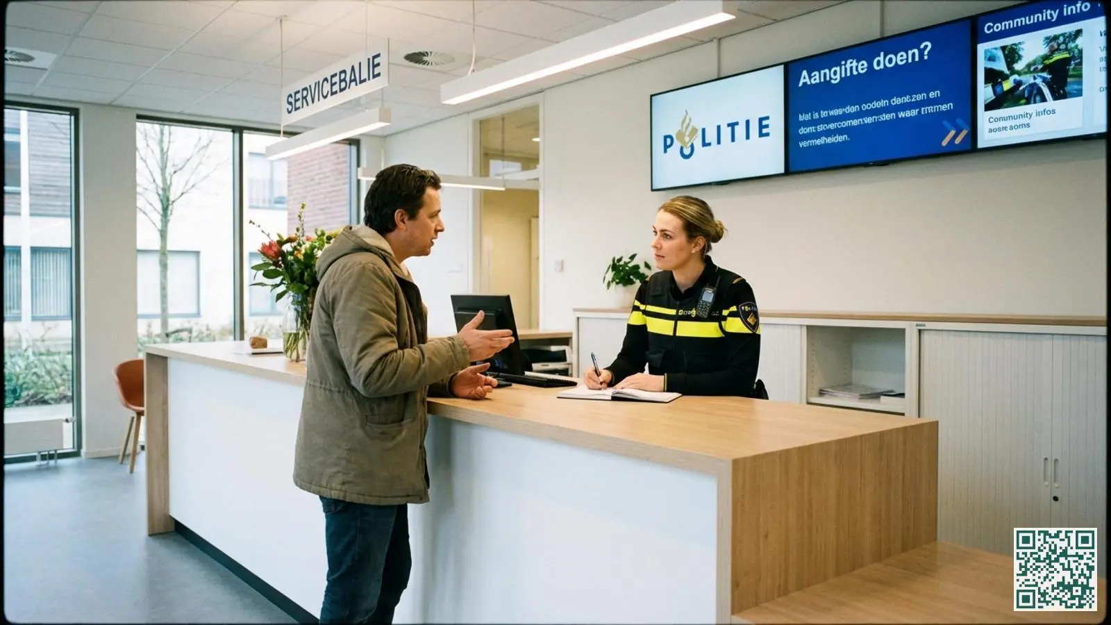 Burger doet aangifte bij de servicebalie van een modern Nederlands politiebureau terwijl een agent aantekeningen maakt