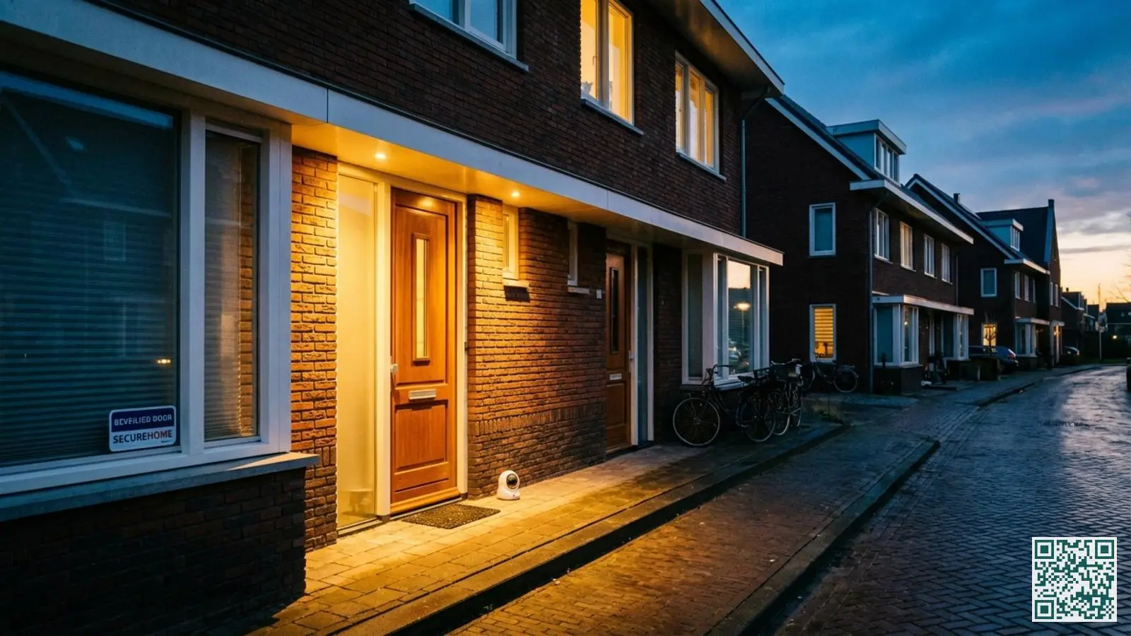 Nederlandse woning in de schemering met zichtbare beveiligingscamera, waarschuwingssticker en buitenverlichting bij de voordeur