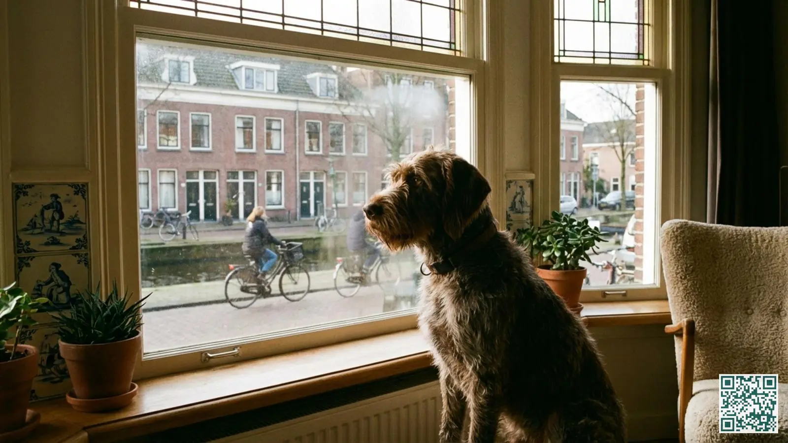 Middelgrote hond kijkt alert door het raam van een Nederlandse woonkamer naar buiten als potentiële waakhond