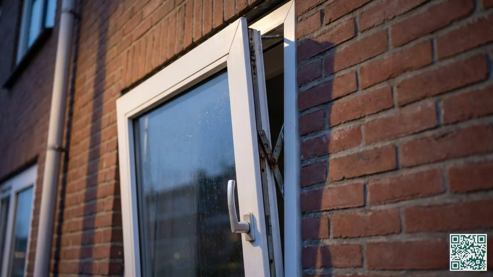 Een wit kunststof raam dat op een kier staat aan de buitenzijde van een Nederlandse woning met rode bakstenen