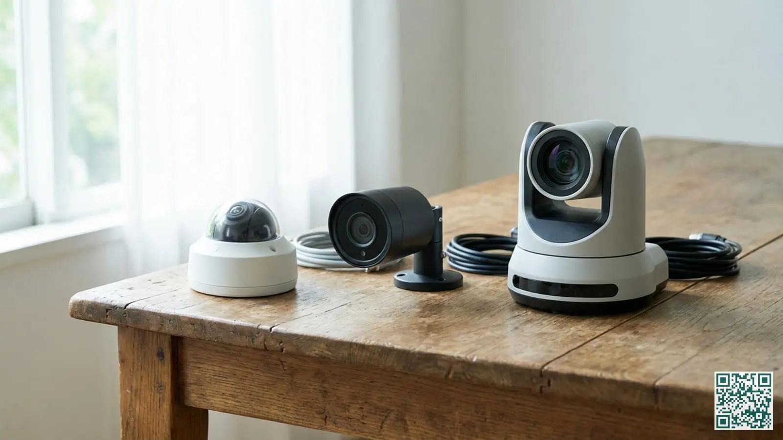 Drie verschillende CCTV-cameratypen op tafel: een witte dome camera, een zwarte bullet camera en een PTZ-camera