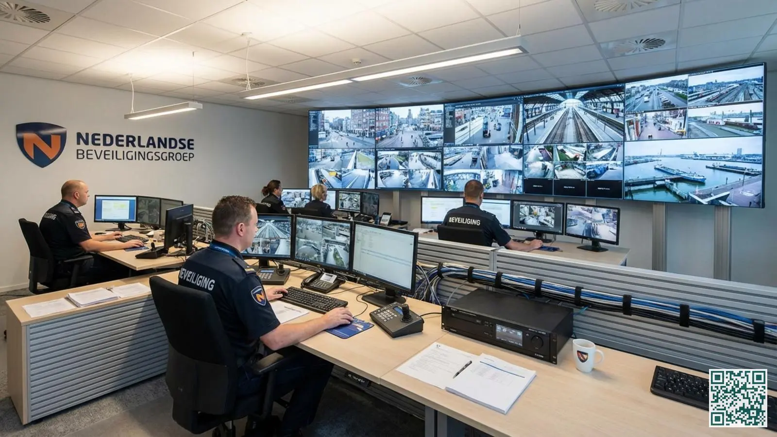 Professionele CCTV-controlekamer met meerdere beveiligingsmonitoren die camerabeelden tonen en een opnamesysteem op het bureau