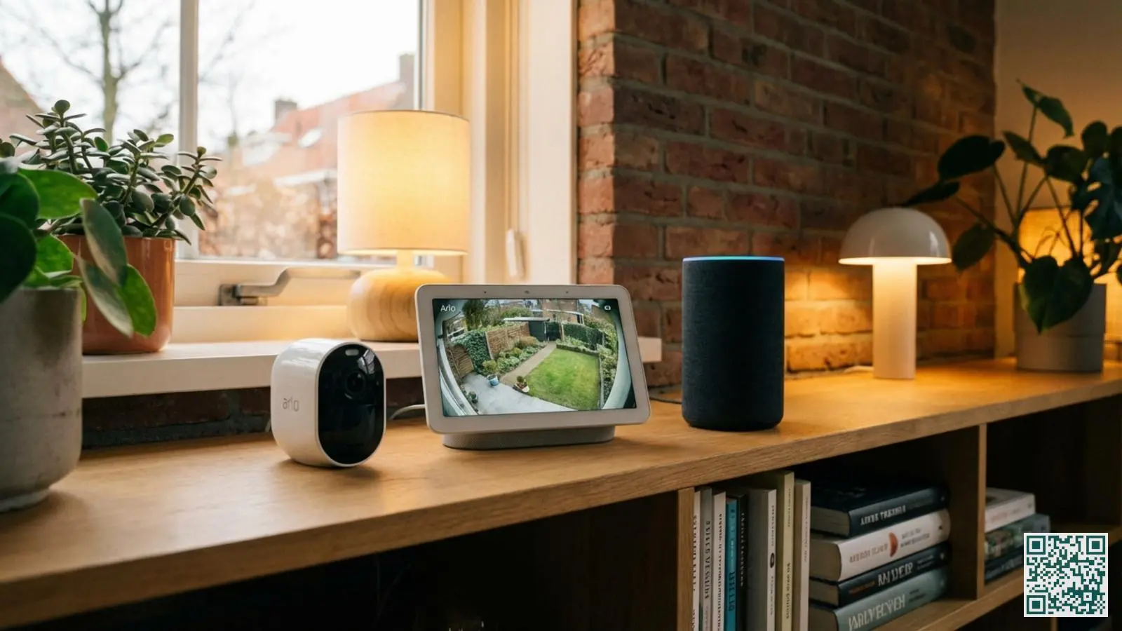 Arlo beveiligingscamera naast Google Nest Hub en Amazon Echo op plank in moderne woonkamer met camerabeeld op scherm