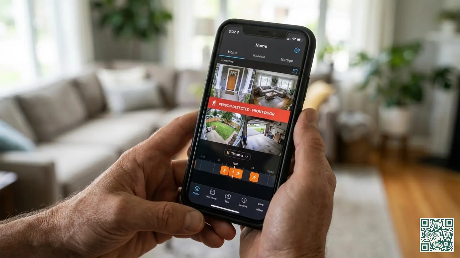 Smartphone met Dahua beveiligingsapp die bewegingsdetectie melding en live camerabeelden toont