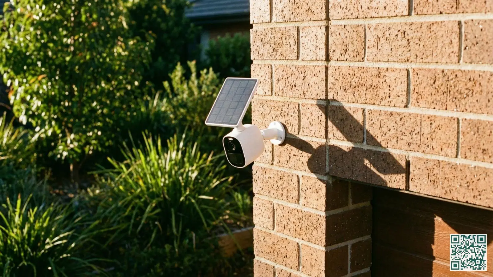 Witte draadloze beveiligingscamera gemonteerd op bakstenen buitenmuur van moderne woning met zonnepaneel