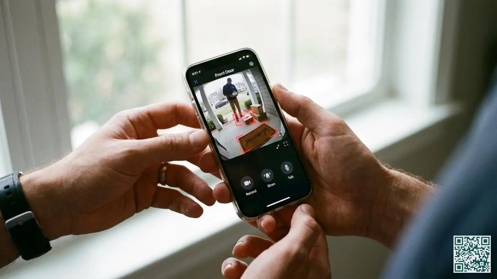 Smartphone met beveiligingscamera-app die een live beeld van een voordeur toont met bewegingsdetectie