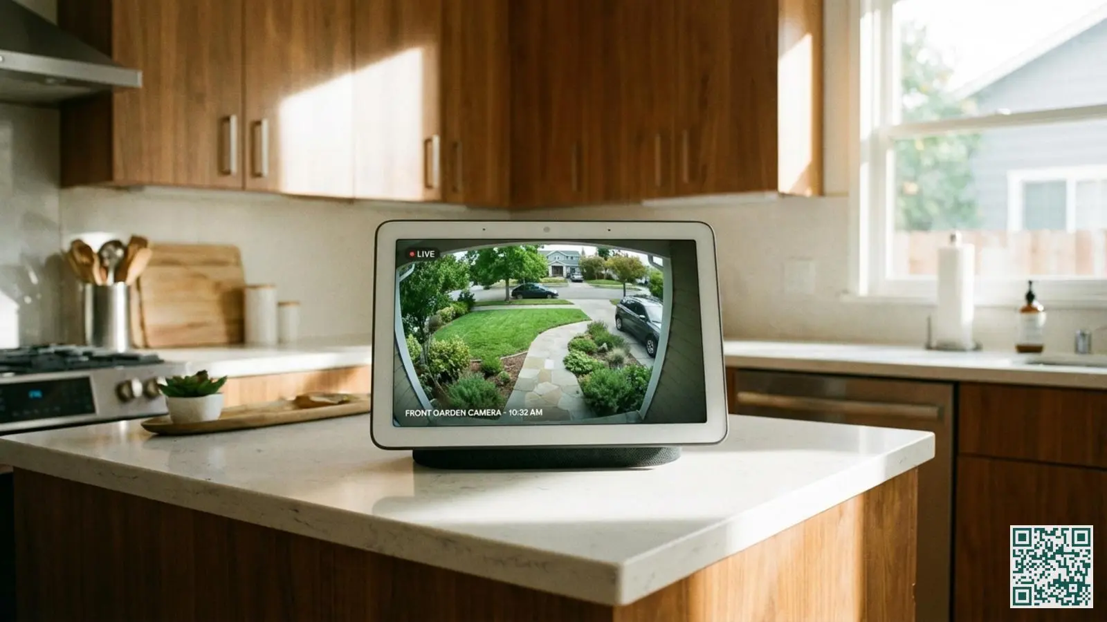 Smart home display in keuken toont live camerabeeld van voortuin met oprit en gazon