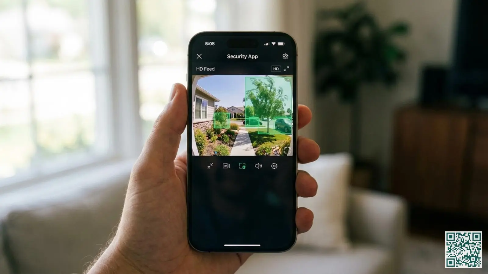 Smartphone met Reolink app toont live camerabeeld van voortuin met bewegingsdetectie zones zichtbaar op het scherm