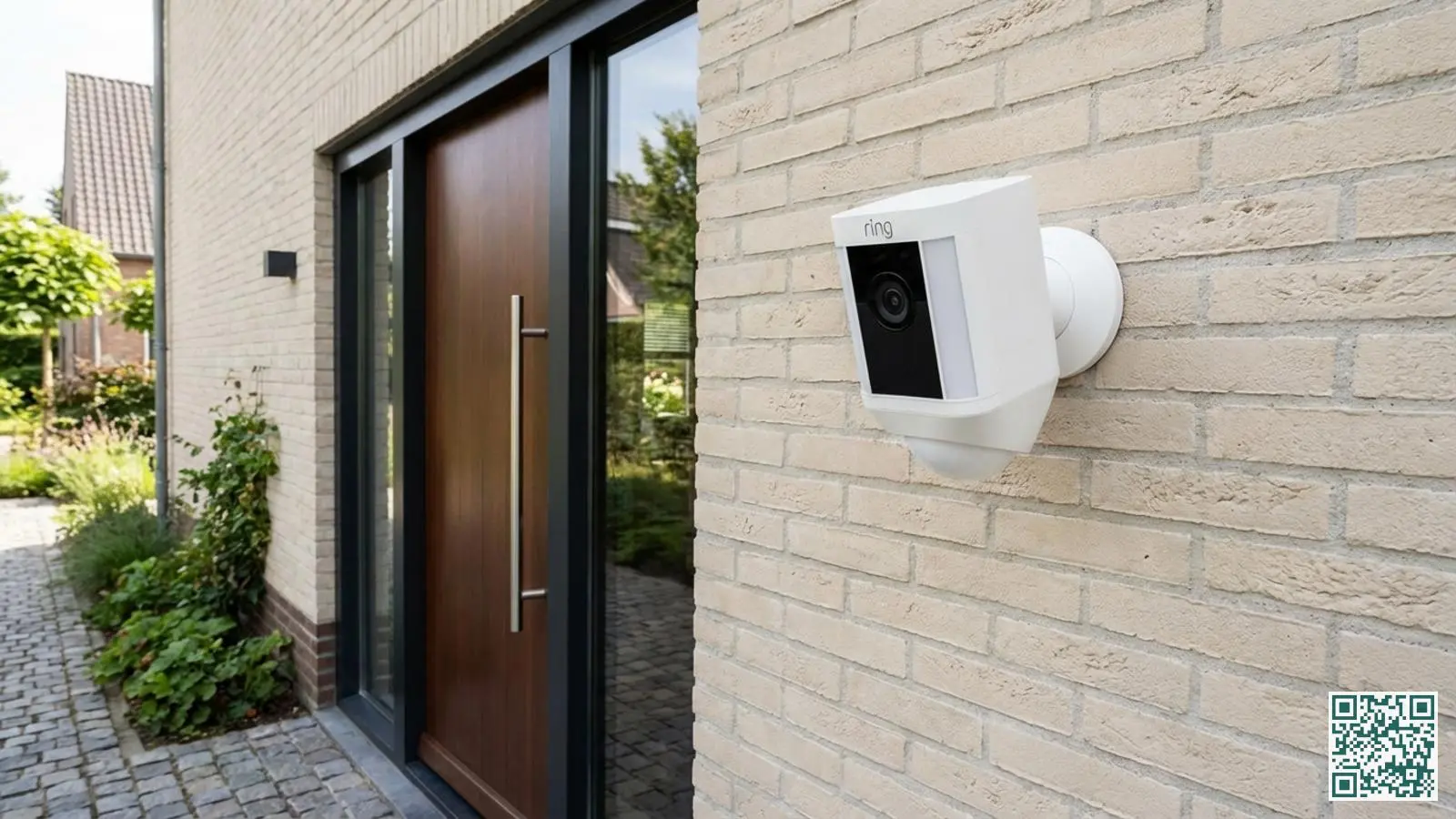 Witte Ring beveiligingscamera gemonteerd op muur naast moderne voordeur in Nederlandse woning